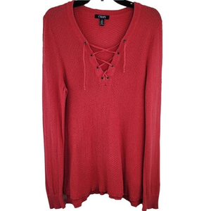 Chaps Womens Large Pink V Neck Tie Front Long Sleeve‎ Knit Side Slits Top Shirt